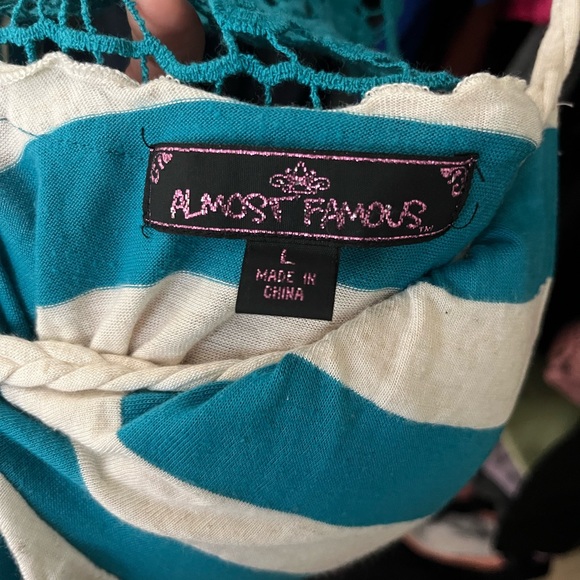 Large Almost Famous Vacation Dress, High Low Cut, Blue/White, Crocheted Back - Picture 9 of 10